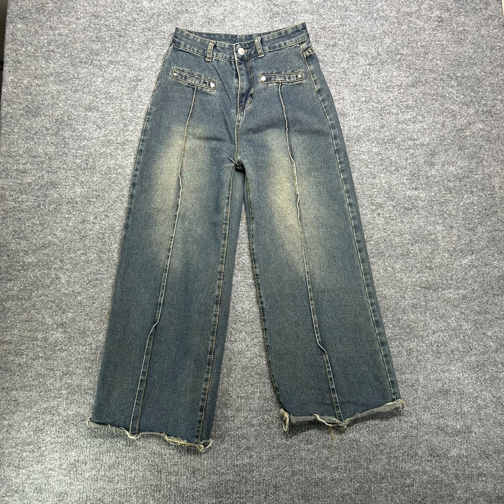 Women's Wide Leg‎ Jeans Medium Blue Denim Pockets High Rise Relaxed Y2K - 26x26